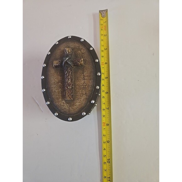 Western Cross Trinket Box Oval Rustic Wood Resin Brown Decorative Storage Box - Picture 9 of 10